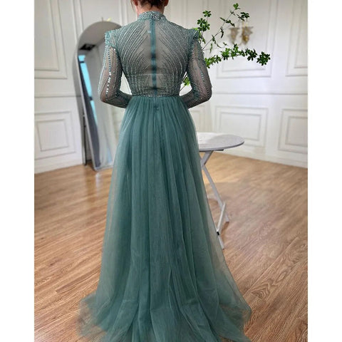 Muslim Turquoise Elegant Mermaid With Overskirt Beaded Evening Dresses Gowns 2025 For Women Wedding Party LA72166