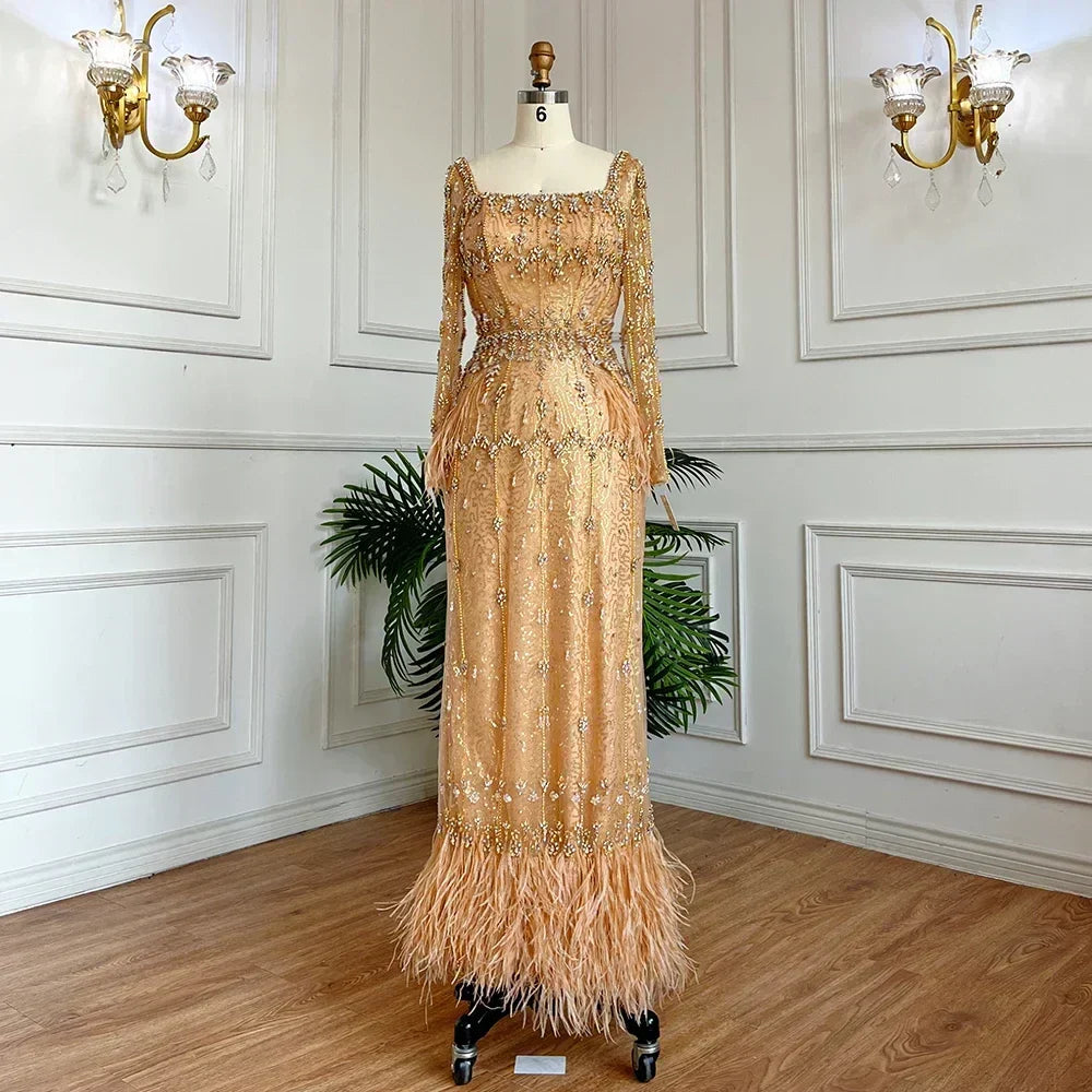 Muslim Turquoise Mermaid Elegant Evening Dresses Gowns 2025 Luxury Beaded Feather for Women Party LA71722
