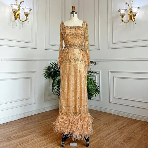 Muslim Turquoise Mermaid Elegant Evening Dresses Gowns 2025 Luxury Beaded Feather for Women Party LA71722