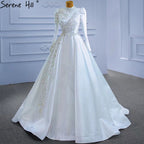 Muslim White A-Line Wedding Dresses 2025 Beaded High-end Satin Bride Gowns HM67396 Custom Made