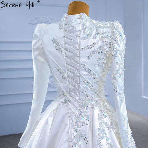 Muslim White A-Line Wedding Dresses 2025 Beaded High-end Satin Bride Gowns HM67396 Custom Made