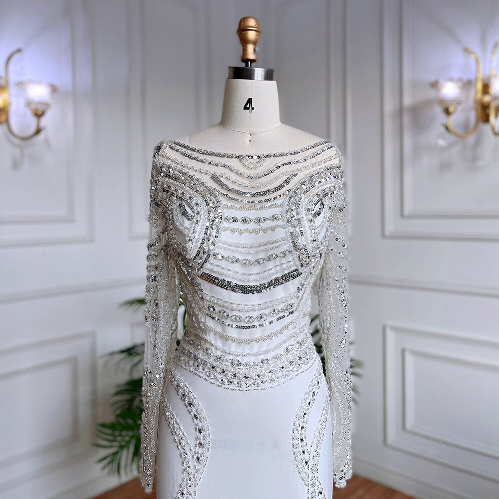Muslim White Elegant Mermaid Luxury Lace Beaded Arabic Evening Dresses Gowns 2025 For Women Wedding Party LA71961
