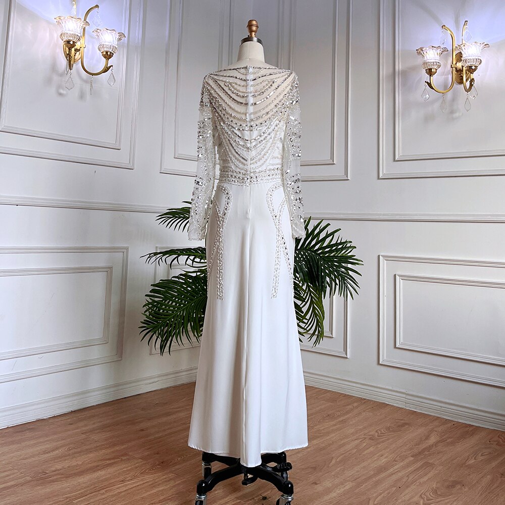 Muslim White Elegant Mermaid Luxury Lace Beaded Arabic Evening Dresses Gowns 2025 For Women Wedding Party LA71961