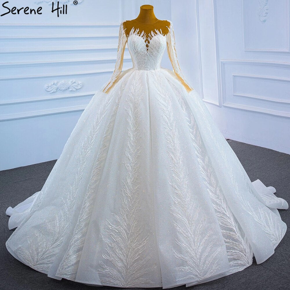 Muslim White Luxury Wedding Dresses 2025 Glitter Long Sleeves High-end Lace Up Bridal Dress HM67235