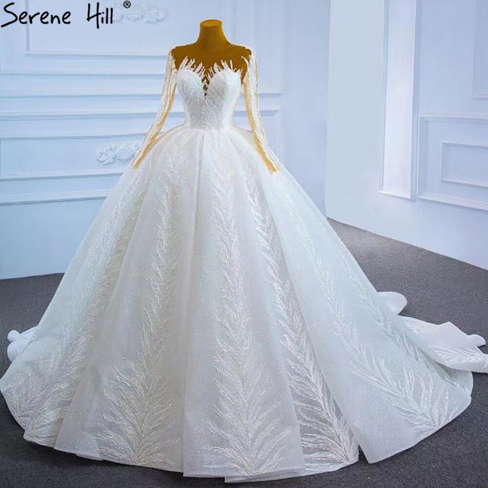 Muslim White Luxury Wedding Dresses 2025 Glitter Long Sleeves High-end Lace Up Bridal Dress HM67235