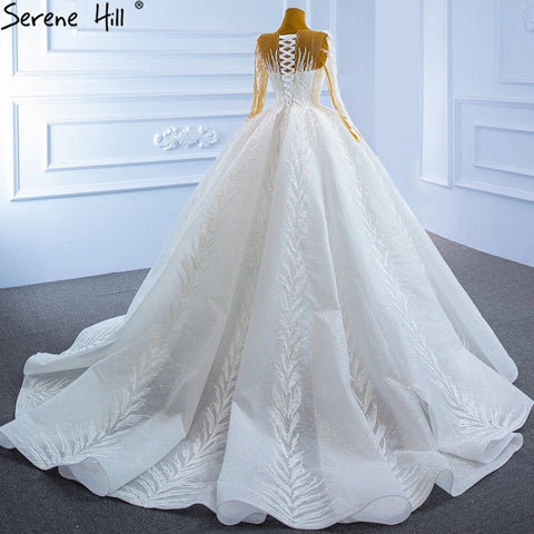 Muslim White Luxury Wedding Dresses 2025 Glitter Long Sleeves High-end Lace Up Bridal Dress HM67235