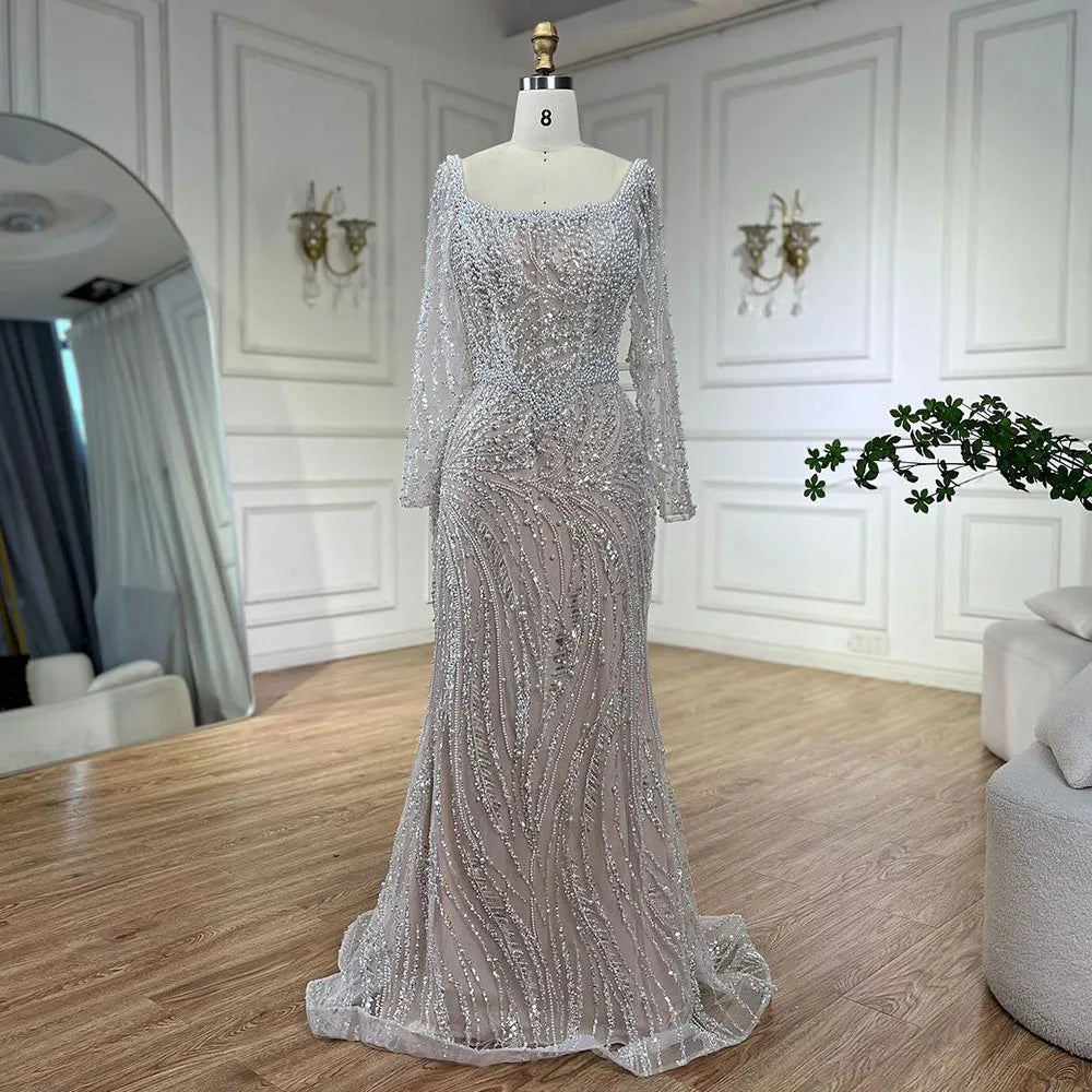 Muslim White Nude Elegant Mermaid Luxury Dubai Evening Dresses Gowns Pearls Beaded For Women Wedding Party LA72266A