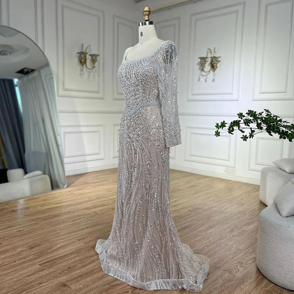 Muslim White Nude Elegant Mermaid Luxury Dubai Evening Dresses Gowns Pearls Beaded For Women Wedding Party LA72266A