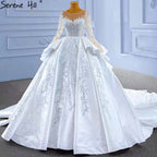 Muslim White Ruffles Beaded Wedding Dresses 2025 Satin Luxury Lace Up Bride Gowns HM67329 Custom Made
