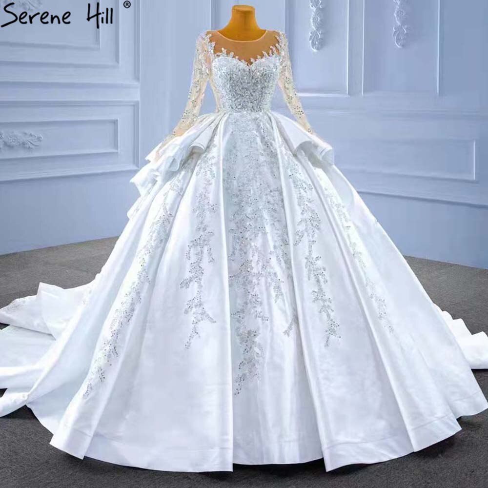 Muslim White Ruffles Beaded Wedding Dresses 2025 Satin Luxury Lace Up Bride Gowns HM67329 Custom Made