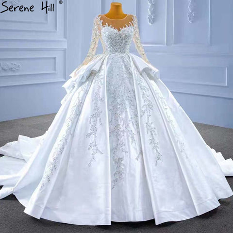 Muslim White Ruffles Beaded Wedding Dresses 2025 Satin Luxury Lace Up Bride Gowns HM67329 Custom Made