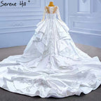 Muslim White Ruffles Beaded Wedding Dresses 2025 Satin Luxury Lace Up Bride Gowns HM67329 Custom Made