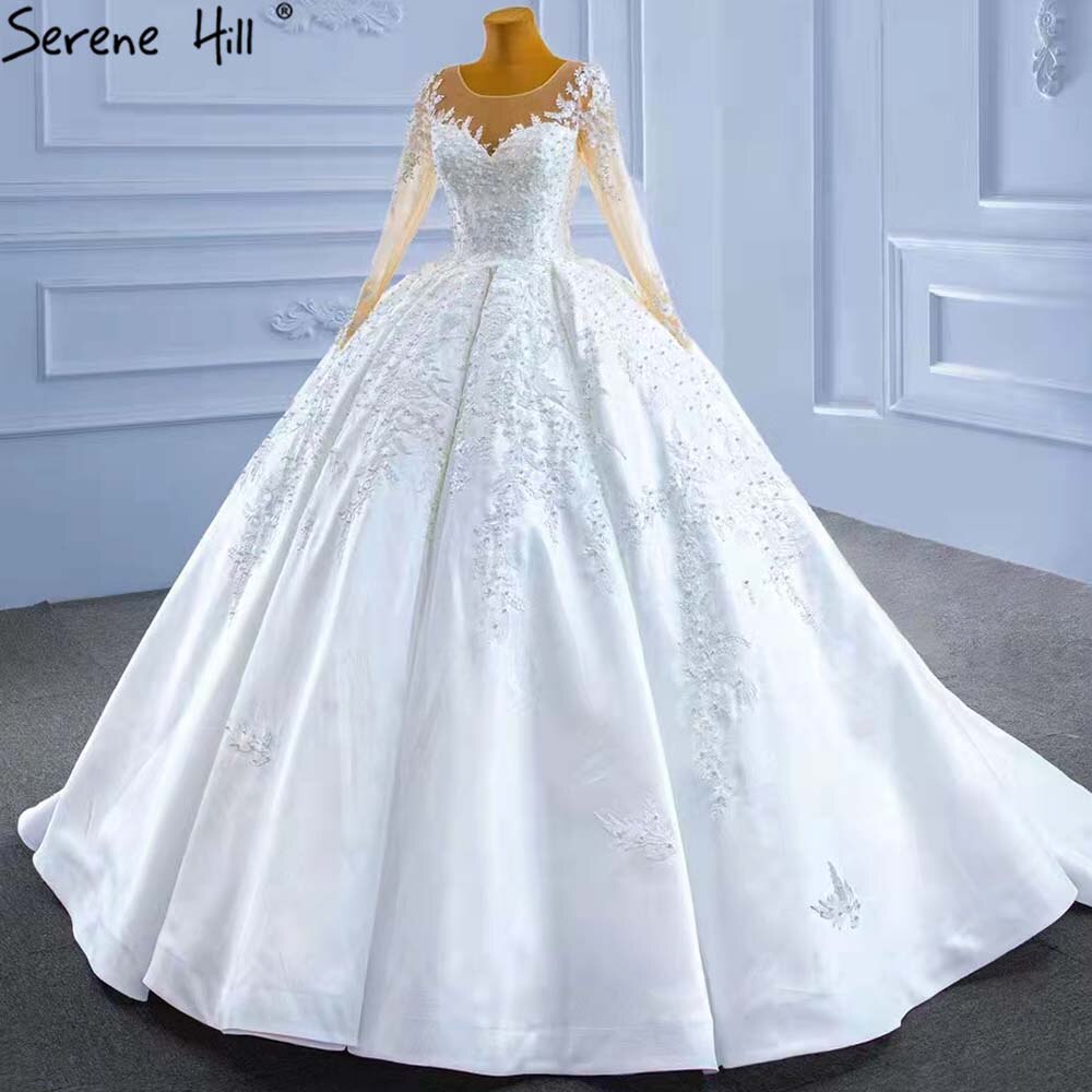 Muslim White Satin Wedding Dresses 2025 Beaded High-end Lace Up Bride Gowns HM67415 Custom Made
