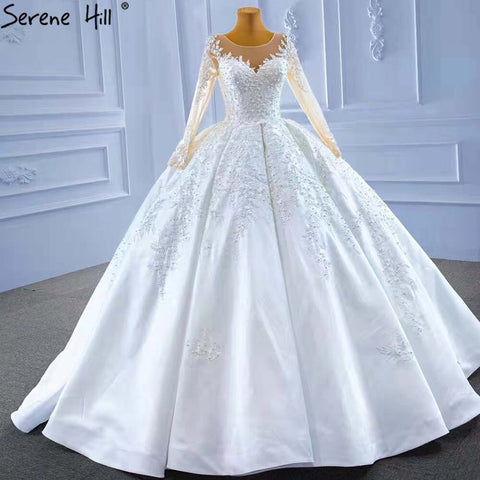 Muslim White Satin Wedding Dresses 2025 Beaded High-end Lace Up Bride Gowns HM67415 Custom Made