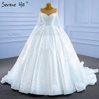 Muslim White Satin Wedding Dresses 2025 Beaded Pearl High-end Bride Gowns HM67279 Custom Made