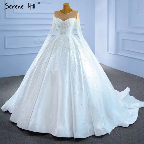 Muslim White Satin Wedding Dresses 2025 Beaded Pearl High-end Bride Gowns HM67279 Custom Made