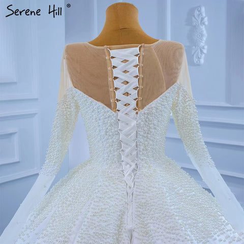 Muslim White Satin Wedding Dresses 2025 Beaded Pearl High-end Bride Gowns HM67279 Custom Made