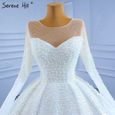 Muslim White Satin Wedding Dresses 2025 Beaded Pearl High-end Bride Gowns HM67279 Custom Made