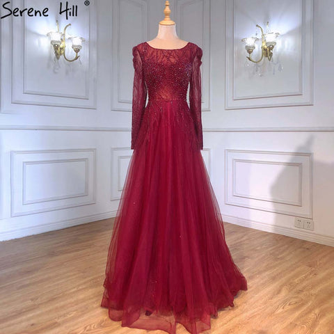Muslim Wine Red A-Line Evening Dresses Gowns 2025 Luxury Beaded For Women Wedding Party LA71375