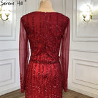 Muslim Wine Red Beaded Evening Dresses Gowns 2025 Mermaid Elegant Luxury For Women Party LA71134