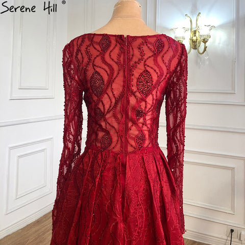 Vestidos de noche musulmanes de lujo en rojo vino, corte A, con cuentas y cristales, para mujer, fiesta, LA70967 