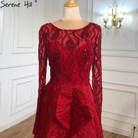 Vestidos de noche musulmanes de lujo en rojo vino, corte A, con cuentas y cristales, para mujer, fiesta, LA70967 