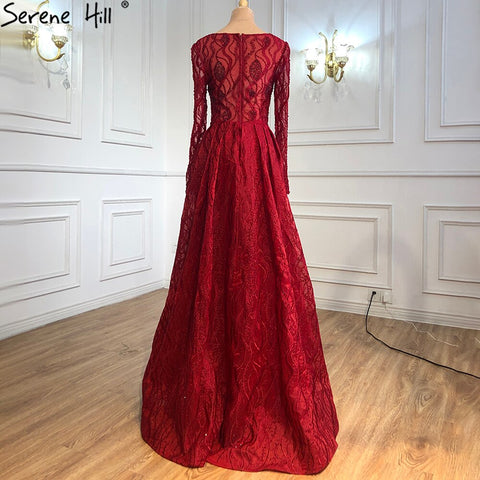 Vestidos de noche musulmanes de lujo en rojo vino, corte A, con cuentas y cristales, para mujer, fiesta, LA70967 