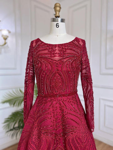 Vestidos de noche musulmanes de lujo en rojo vino, corte A, con cuentas, para mujer, para fiesta de boda, LA71873 