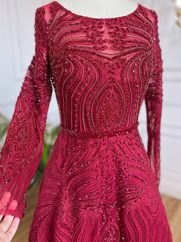 Vestidos de noche musulmanes de lujo en rojo vino, corte A, con cuentas, para mujer, para fiesta de boda, LA71873 
