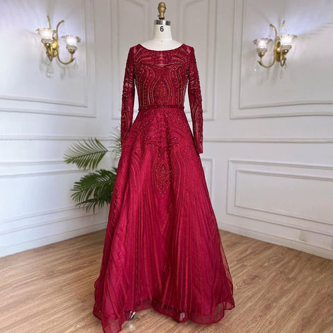 Vestidos de noche musulmanes de lujo en rojo vino, corte A, con cuentas, para mujer, para fiesta de boda, LA71873 