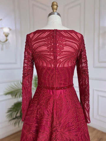 Vestidos de noche musulmanes de lujo en rojo vino, corte A, con cuentas, para mujer, para fiesta de boda, LA71873 