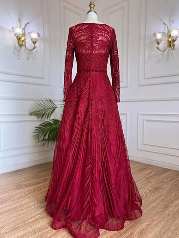 Vestidos de noche musulmanes de lujo en rojo vino, corte A, con cuentas, para mujer, para fiesta de boda, LA71873 
