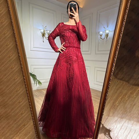 Vestidos de noche musulmanes de lujo en rojo vino, corte A, con cuentas, para mujer, para fiesta de boda, LA71873 