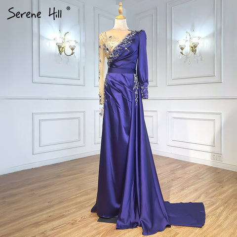 Vestidos de noche musulmanes de sirena de lujo en rojo vino 2025, de satén, elegantes con cuentas para mujer, para fiesta LA70990 