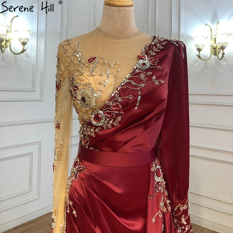 Vestidos de noche musulmanes de sirena de lujo en rojo vino 2025, de satén, elegantes con cuentas para mujer, para fiesta LA70990 