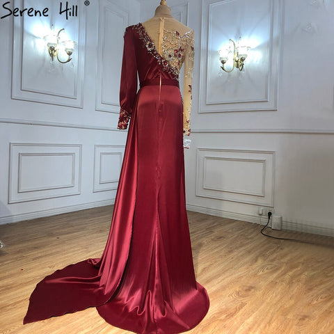 Vestidos de noche musulmanes de sirena de lujo en rojo vino 2025, de satén, elegantes con cuentas para mujer, para fiesta LA70990 