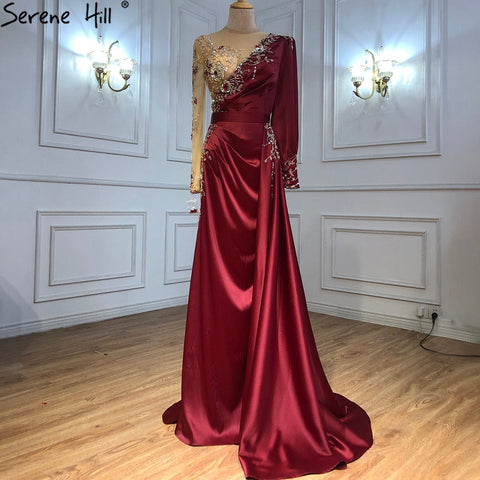 Vestidos de noche musulmanes de sirena de lujo en rojo vino 2025, de satén, elegantes con cuentas para mujer, para fiesta LA70990 