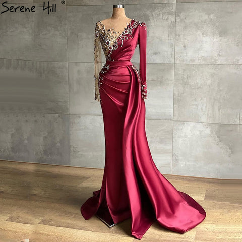 Vestidos de noche musulmanes de sirena de lujo en rojo vino 2025, de satén, elegantes con cuentas para mujer, para fiesta LA70990 