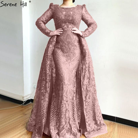 Vestido de noche musulmán de sirena, elegante, con cuello redondo y cuentas, de lujo, color vino tinto, para mujer, talla grande, LA70406 