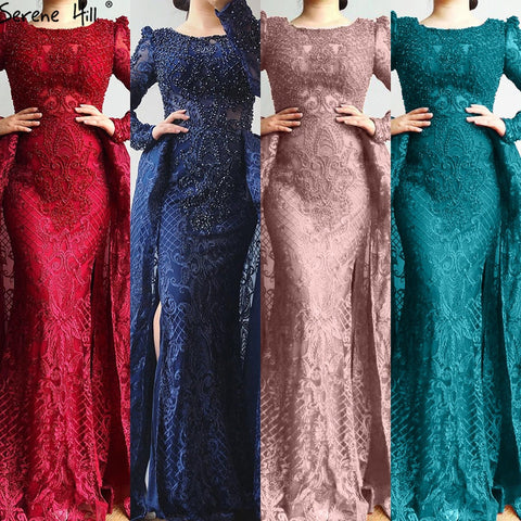 Vestido de noche musulmán de sirena, elegante, con cuello redondo y cuentas, de lujo, color vino tinto, para mujer, talla grande, LA70406 