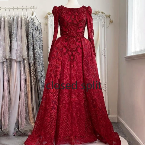 Vestido de noche musulmán de sirena, elegante, con cuello redondo y cuentas, de lujo, color vino tinto, para mujer, talla grande, LA70406 