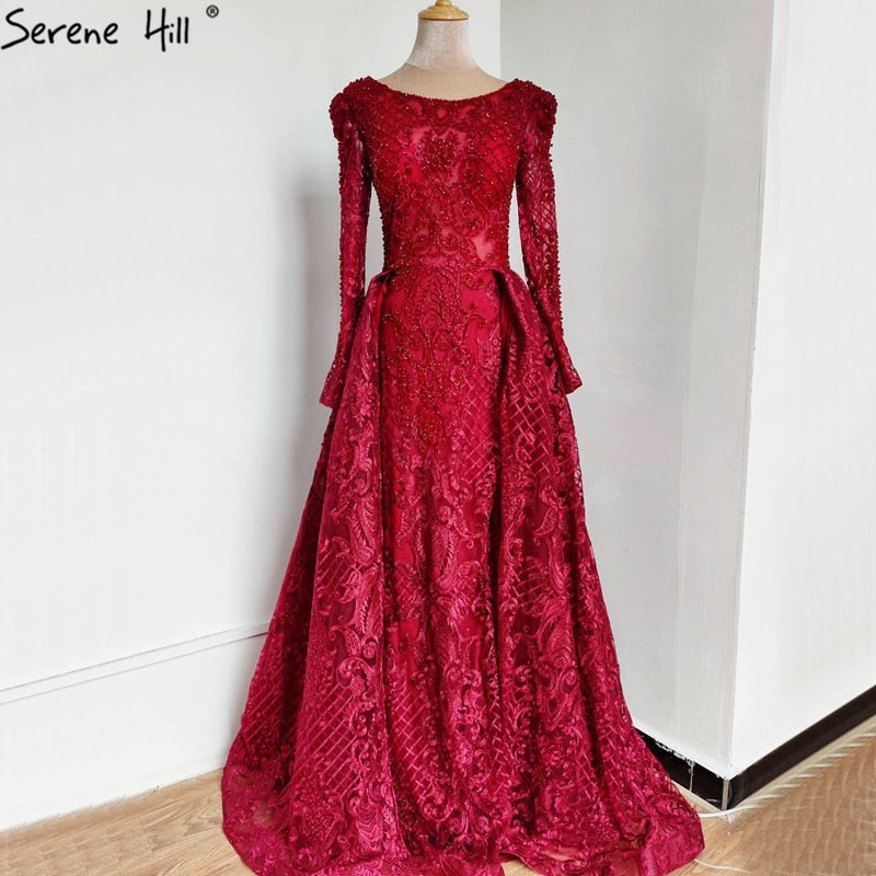Muslim Wine Red Mermaid Elegant O Neck Luxury Beaded Evening Dresses Gowns 2025 For Woman Plus Size LA70406