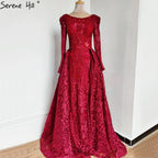 Muslim Wine Red Mermaid Elegant O Neck Luxury Beaded Evening Dresses Gowns 2025 For Woman Plus Size LA70406