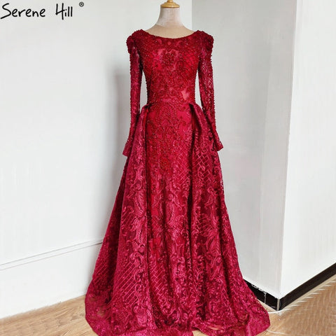 Vestido de noche musulmán de sirena, elegante, con cuello redondo y cuentas, de lujo, color vino tinto, para mujer, talla grande, LA70406 