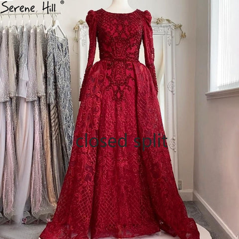 Vestido de noche musulmán de sirena, elegante, con cuello redondo y cuentas, de lujo, color vino tinto, para mujer, talla grande, LA70406 