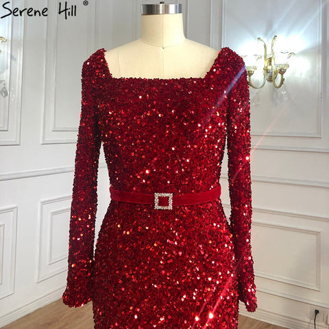 Vestidos de noche musulmanes de sirena color vino tinto, elegantes, de lujo, con mangas largas, para mujer, para fiesta, LA70797 