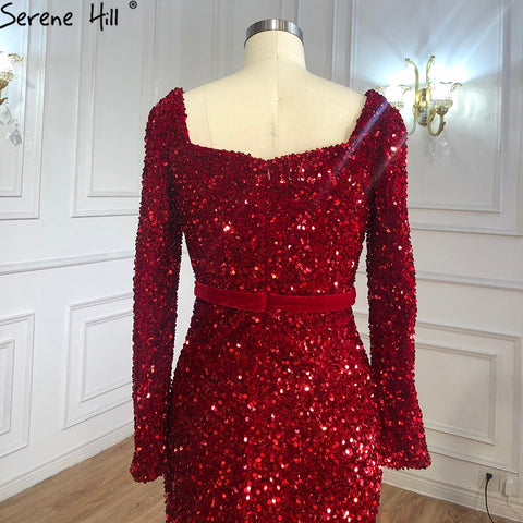 Vestidos de noche musulmanes de sirena color vino tinto, elegantes, de lujo, con mangas largas, para mujer, para fiesta, LA70797 