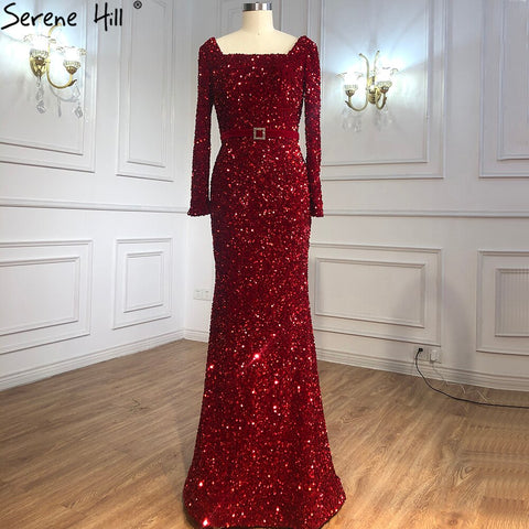 Vestidos de noche musulmanes de sirena color vino tinto, elegantes, de lujo, con mangas largas, para mujer, para fiesta, LA70797 