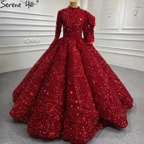 Vestidos de novia musulmanes con lentejuelas en rojo vino 2025, mangas largas, lujosos y brillantes, HA2522, hechos a medida 