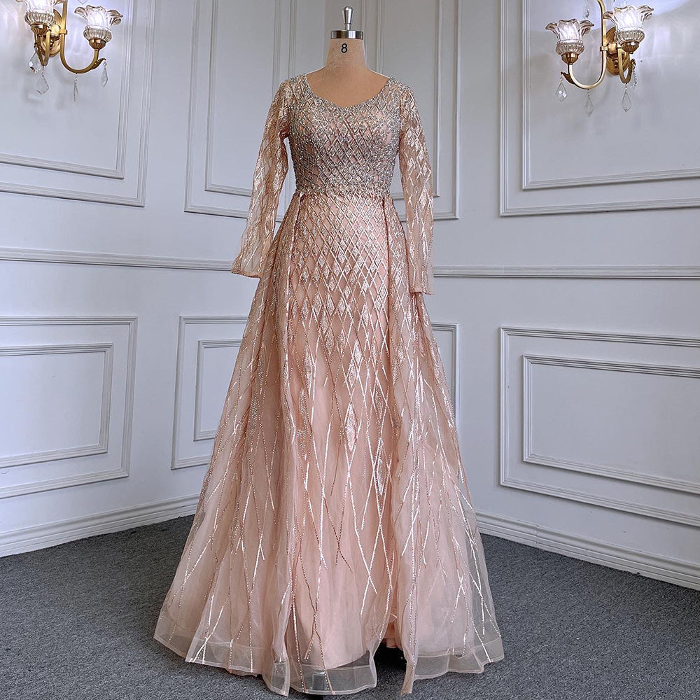 Muslim  grey With Overskirt O-Neck Evening Dresses Gowns Luxury Beaded 2025 For Woman Party LA71723